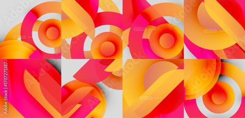 Abstract geometric designs. Overlapping circles, vibrant gradients, modern aesthetic. Warm colors dominate composition. Smooth transitions present.
