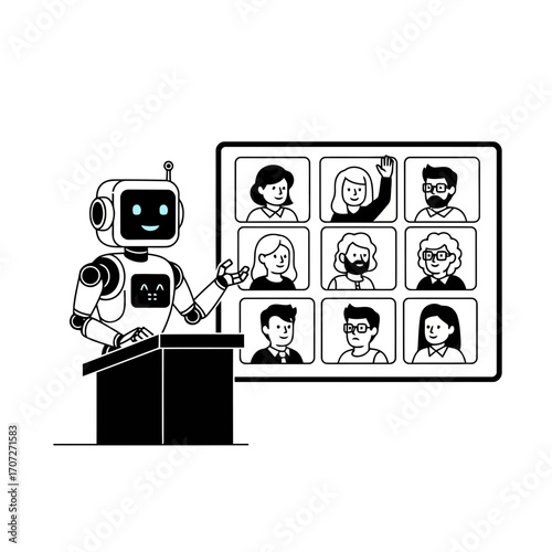 Robot presenting diverse team online video conference scalable vector illustration for business meetings vector