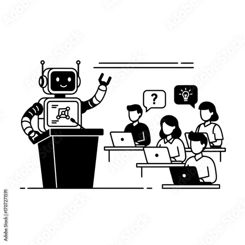 Robot teacher instructing students with laptops in modern classroom vector illustration vector