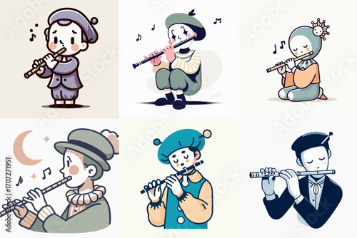 vector illustration of a set of pantomimes playing the flute