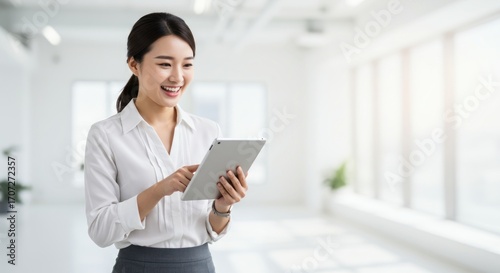 Woman in white shirt and gray skirt using a tablet computer