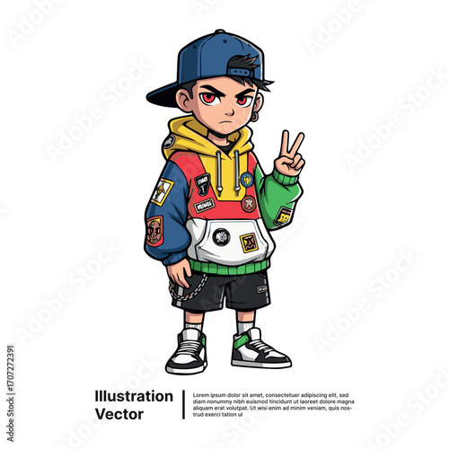 Cool anime boy character in colorful urban streetwear making a peace sign vector illustration
