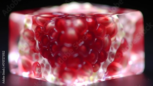 Pomegranate Seeds Frozen in Ice Cube Close Up Macro Shot Refreshing Fruit.