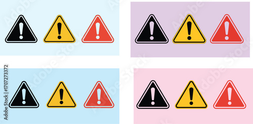 Caution alarm set, danger sign collection, attention vector icon, yellow, red and black fatal error message element,
