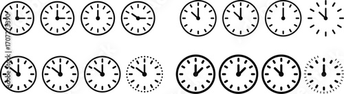Vector Time and Clock icons set.Clocks icon collection design. Horizontal set of analog clock icon symbol .