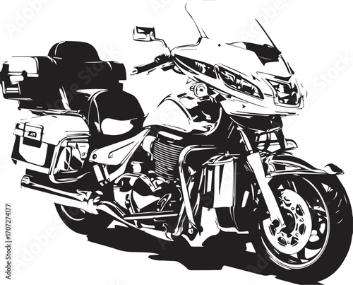 Chrome Motorcycle Silhouette: A sleek, modern motorcycle silhouette dominates the frame, rendered in striking monochrome. It exudes power, adventure, and the open road.
