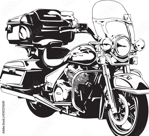 Motorcycle Adventure: A detailed black and white line art illustration captures the essence of a classic motorcycle, evoking the spirit of freedom, adventure, and the open road.