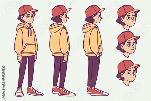Teenage student character constructor with casual hoodie and sneakers. Animation kit including front, side, and back views. Customizable body parts, facial expressions, and accessories. Vector illustr