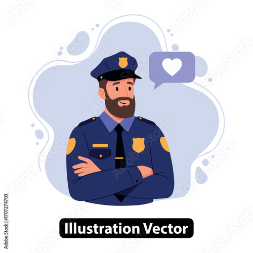 Friendly bearded police officer in uniform with a heart icon for community support