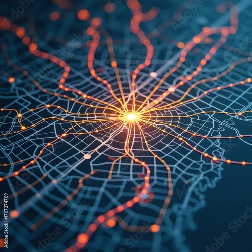 Heatmap over a public transportation map, highlighting crowded subway lines and empty bus routes. Flat design with glowing overlays.