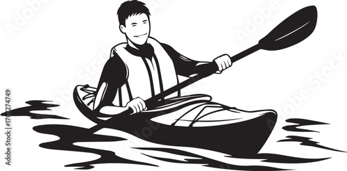 Kayaking Adventure: A detailed black and white illustration captures a figure in a kayak, paddle in hand, gliding through the water, embodying the thrill of outdoor recreation and aquatic sport.