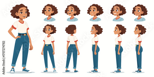 Young woman character constructor in modern casual outfit with jeans and t-shirt. Animation set with hairstyles, emotions, gestures, and different body postures. Vector illustration for explainer vide