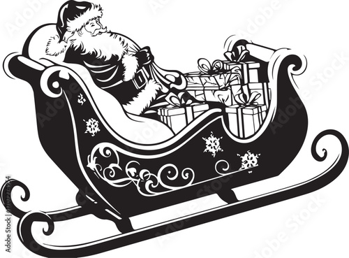 Santa's Festive Sleigh: A detailed illustration showcases a jovial figure, resting in a beautifully adorned sleigh piled high with wrapped gifts, ready to deliver joy. 