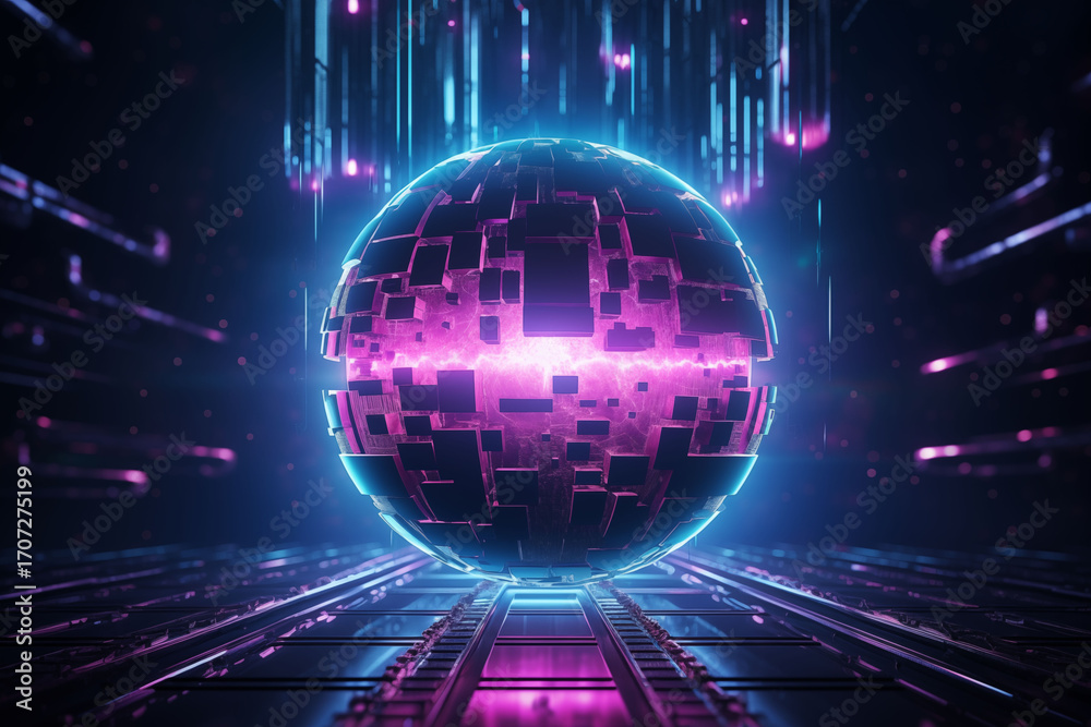 Fototapeta premium A neon sphere of cyberpunk floating in a dark futuristic space.