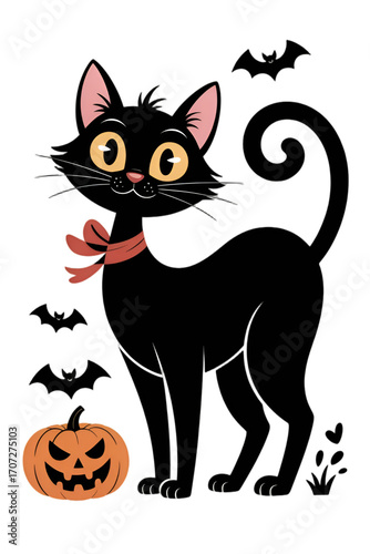 Black Cat Silhouette with Curled Tail Cute Playful Cartoon Halloween Illustration Isolated on a transparent background