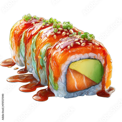 Spicy salmon sushi roll, drizzled sauce