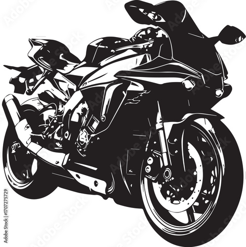 Motorcycle Illustration: This is a sleek, graphic illustration of a high-performance motorcycle, rendered in a bold black and white palette, ready for adventure on the open road.