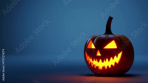 Minimalist A halloween lit Jack O Lantern in a spotlight glow on a wide dark blue background	
