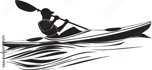 Kayaking on Water: A monochrome illustration captures the silhouette of a kayaker gliding across a serene body of water, propelling forward with a paddle. 