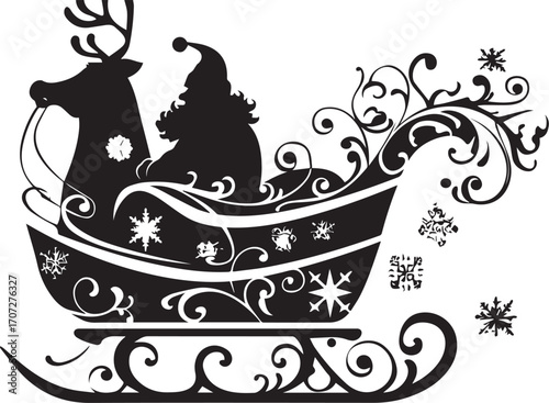 Santa's Festive Ride: A silhouette of a festive Christmas scene, a reindeer-drawn sleigh carrying a cheerful figure, adorned with intricate, wintery details and a sense of wonder.