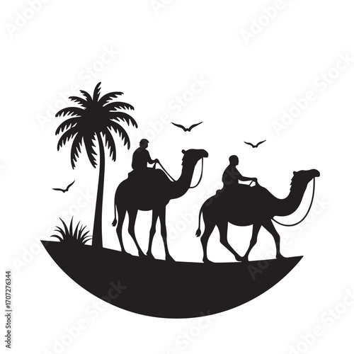 silhouette of camel in the desert with car