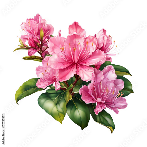 Vibrant Pink Rhododendron Blossoms and Green Leaves on White Background rhododendron flowers