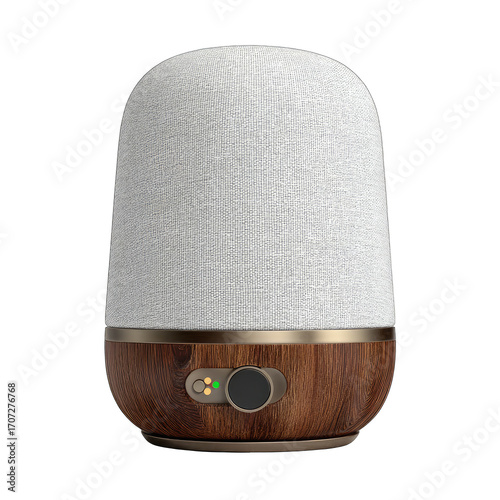 Oval, light-gray speaker with wood base