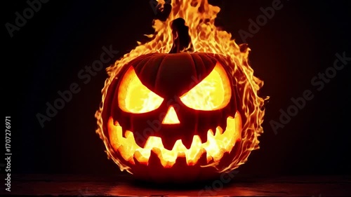 Jack O Lantern engulfed in flames and isolated on black background