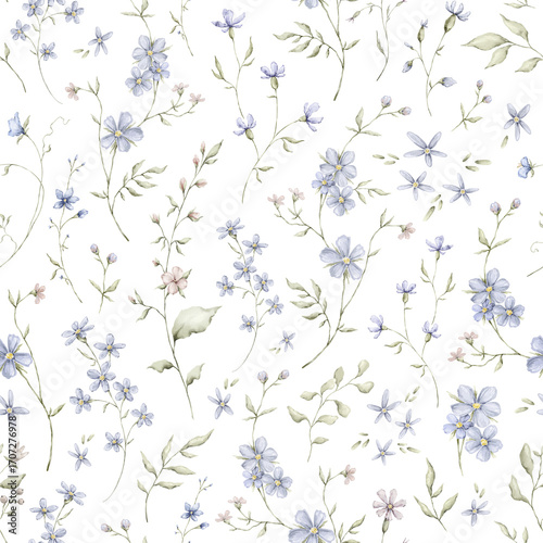 Watercolor delicate seamless pattern with wildflowers, plants. Floral, botanical  background. Ethereal leaves and branches