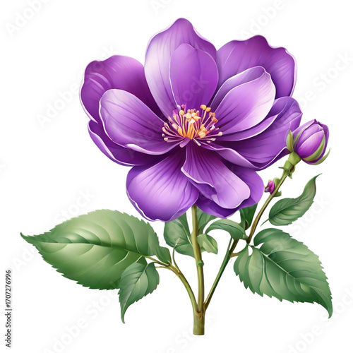 Vibrant Purple Flower With Green Leaves And Bud On White Background bloom blossom