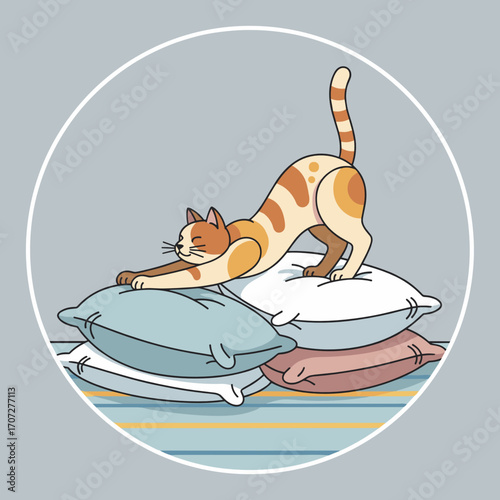 Playful cat stretching on stack of colorful pillows indoors  
