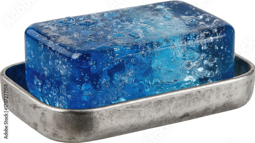 Blue, translucent soap bar in a pewter tray