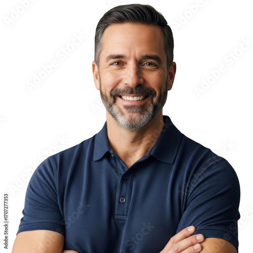 Smiling confident man professional headshot with arms crossed casual polo shirt