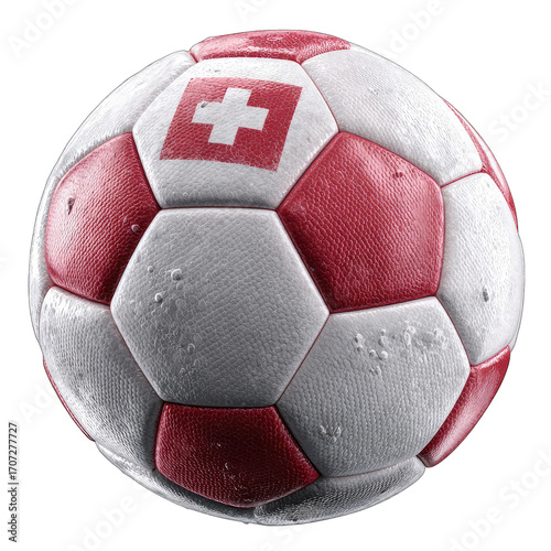 Red and white soccer ball, Swiss flag design, textured