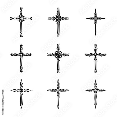 Christian cross vector icon symbols. Abstract christian religious belief or faith art illustration for orthodox or catholic design. The symbol of the cross in various designs used in tattoo.