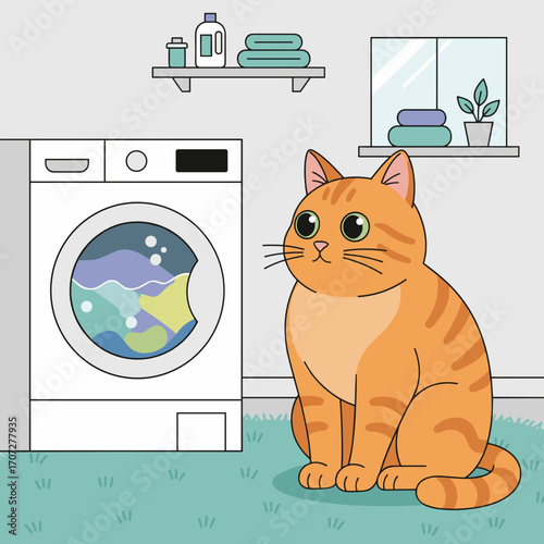 Orange cat sitting calmly next to a washing machine in a laundry room  