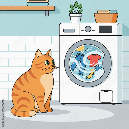 Cat sitting near washing machine watching clothes spin  