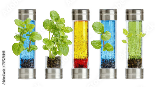 Five cylindrical containers, each with herbs and colored liquid,  stainless steel tops