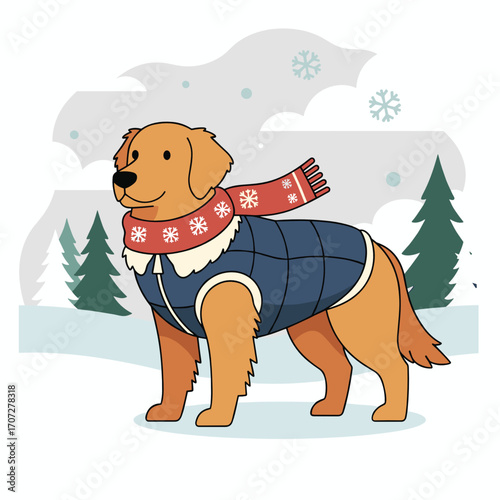 Golden retriever wearing winter coat and scarf in snowy landscape  