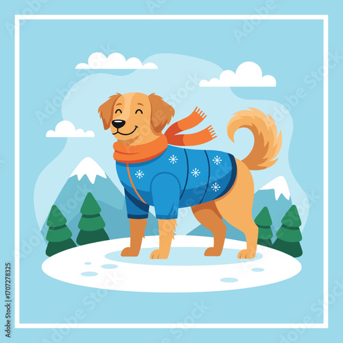 Golden retriever dog wearing a scarf and sweater in winter landscape  