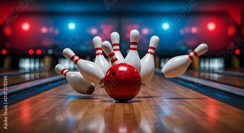 Close-up shot of a red bowling ball striking tenpins in a dimly lit bowling alley with vibrant blue and red lighting, capturing the dynamic action and excitement of the