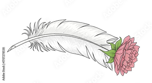 Digital illustration of a white feather with a pink rose on a plain white background, celebrating Random Acts of Poetry Day with delicate floral design