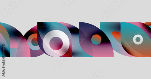 Abstract composition featuring overlapping colorful circles, rectangles. Modern design with gradient shades, clean lines, simple geometry.
