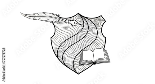 A black and white line drawing of a shield emblem with a quill pen and an open book, symbolizing writing and knowledge.