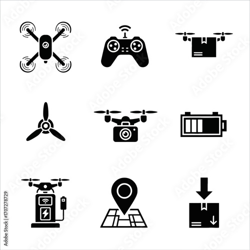 Minimalist Black Drone Technology Icon Set for Delivery and Logistics