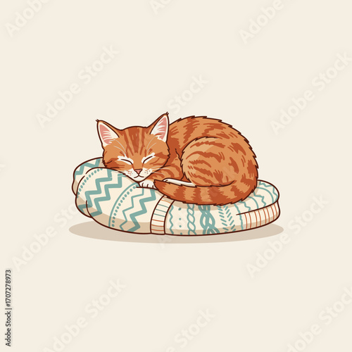 Ginger cat sleeping comfortably on a patterned cushion  