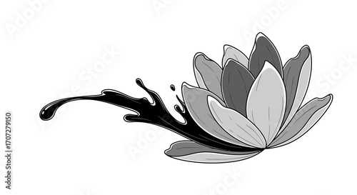 A grayscale illustration of a lotus flower with a splash of water on a white background, celebrating Random Acts of Poetry Day with a creative and artistic style.
