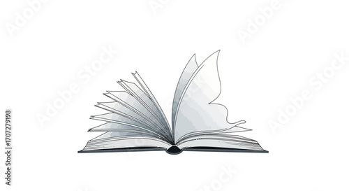 An open book with pages fluttering and transforming into the delicate wing of a butterfly on a white background.