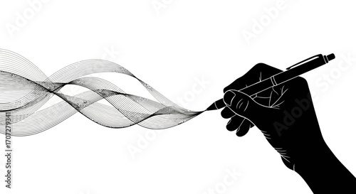 A hand holding a pen creates a wavy line of smoke on a white background, symbolizing creative writing on Random Acts of Poetry Day.