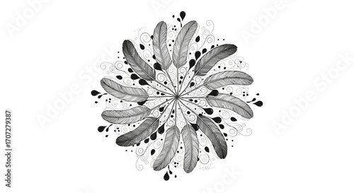 A grayscale floral design with a circular pattern of petals and leaves on a white background with scattered black dots, celebrating Random Acts of Poetry Day.